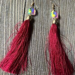 Long Tassel Earrings Faux Iridescent Stone Gold Accents Crimson Red Whimsy Light